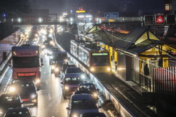 Traffic jam on the A40 motorway, Ruhrschnellweg, in Essen, underground station Essen Savignystr/ETEC, North Rhine-Westphalia, Germany, Europe