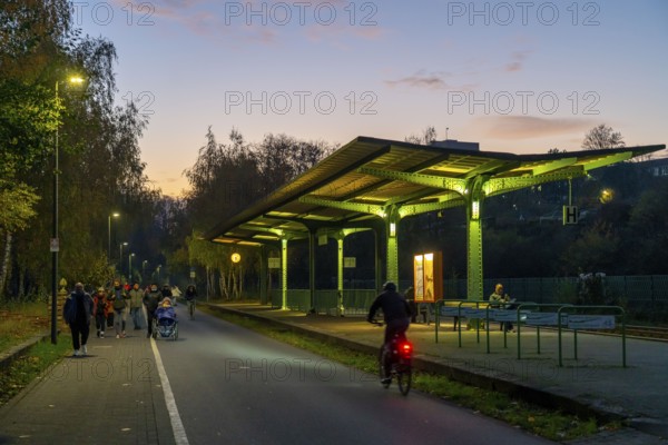 The Nordbahntrasse, a cycle path, footpath, on a former 22 km long railway line, along the west-east axis of Wuppertal, on the northern slope, with many tunnels, viaducts and views of the city, former Wuppertal-Loh railway station, Wuppertal, North Rhine-Westphalia, Germany, Europe