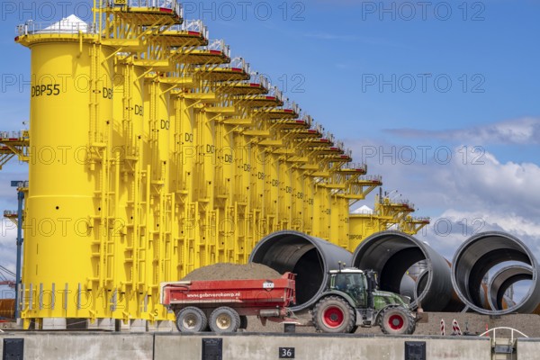 SIF Offshore Foundaitons, production of foundations, monopiles, for offshore wind turbines, the wind turbines are assembled on these pipes, which are installed in the seabed at a depth of up to 60 metres, production plant in the seaport of Rotterdam, Maasvlakte, Rotterdam Netherlands