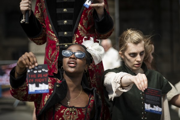 Performers promoting vampire musical, world's largest cultural festival The Fringe, High Street, Edinburgh, Scotland, United Kingdom, Great Britain, Europe
