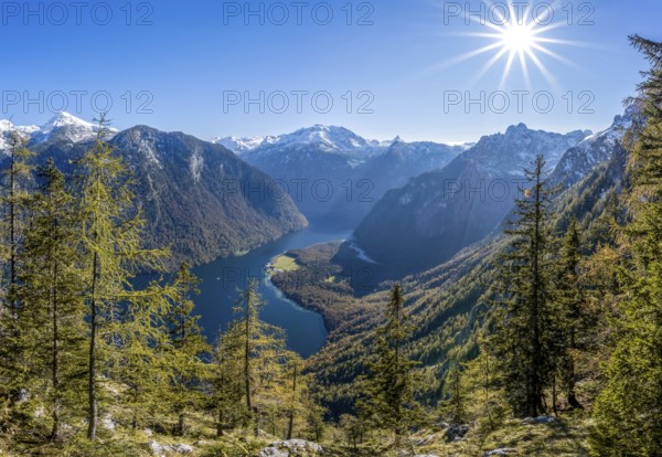 Panoramic view of the Königssee from the Archenkanzel viewpoint, autumnal forest and snow-capped mountains, Sonnenstern, Berchtesgaden National Park, Berchtesgadener Land, Upper Bavaria, Bavaria, Germany, Europe