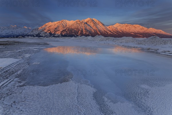 Morning light, clouds, mountains, snowy, winter, ice, Kluane Lake, Kluane Mountains, Yukon, Canada, North America