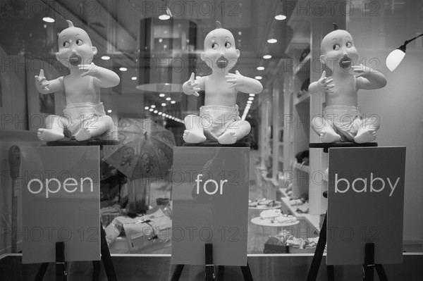 Shop window with baby dolls, New York City, USA, North America