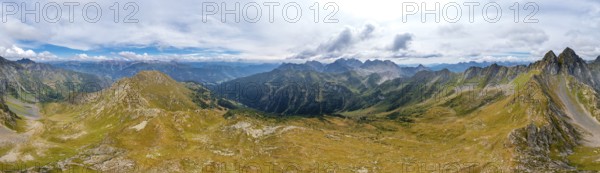 Aerial view, Alpine panorama, mountain ridge, idyllic mountain landscape with green mountain meadows, Carnic High Trail, Carnic main ridge, Carnic Alps, Carinthia, Austria, Europe