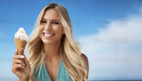 A blonde woman enjoys eating an ice cream in a cone