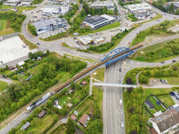 Bird's eye view of the town with traffic routes and bridges, track construction, rail delivery for Hermann Hessebahn, Calw, Black Forest, Germany, Europe