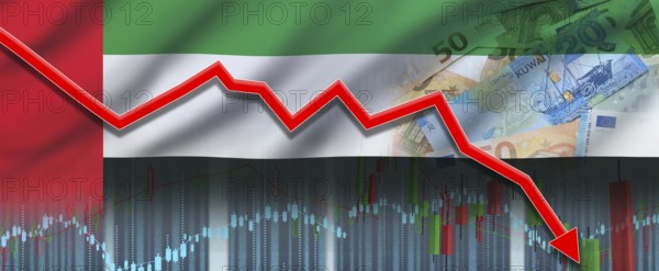 Kuwait financial crisis on economic graph, economic collapse. Financial fall of Kuwait economy on financial graph