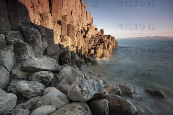 Basalt columns, columnar basalt, coast, long exposure, Hofsos or Hofsós, Skagafjörður, Norðurland, Iceland, Europe