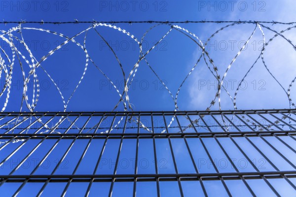 Symbolic image security, S-wire rolls, NATO wire, on a fence top, demarcation of a property, prevention of unauthorised access, strip steel wire with sharp blades