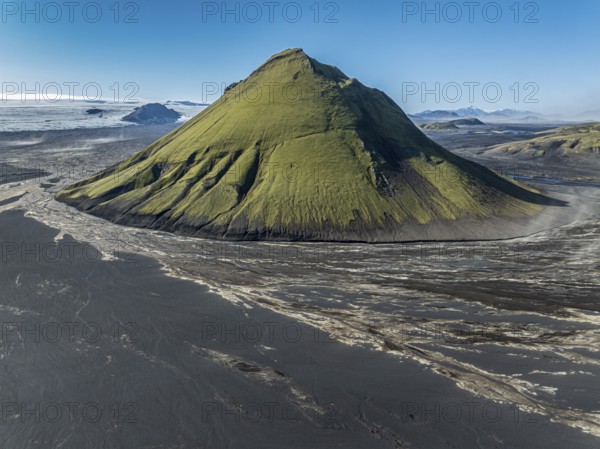 Aerial view, Mælifell mountain covered with moss, Maelifell, black sand desert Mælifellssandur, glacial streams, glacier Myrdalsjökull, Icelandic highlands, Iceland, Europe