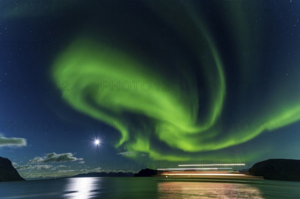 Northern Lights, (Aurora borealis) at a fjord near Skjiervoya, September 2024, Lapland, Finnmark, Norway, Europe