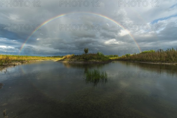 Large double rainbow after a spring storm. Bas-Rhin, Alsace, Grand Est, France, Europe
