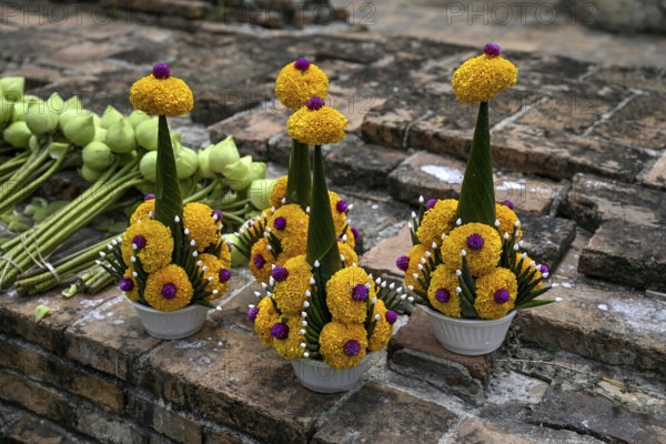 Offerings in front of the reclining Buddha, Wat Lokayasutharam, temple of the reclining Buddha, Ayutthaya, Ayutthaya province, Thailand, Asia