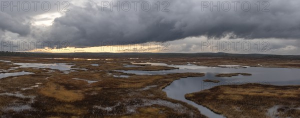 Sunset, drone shot, aerial view, lakes, moor landscape, Lapland, Finland, Europe
