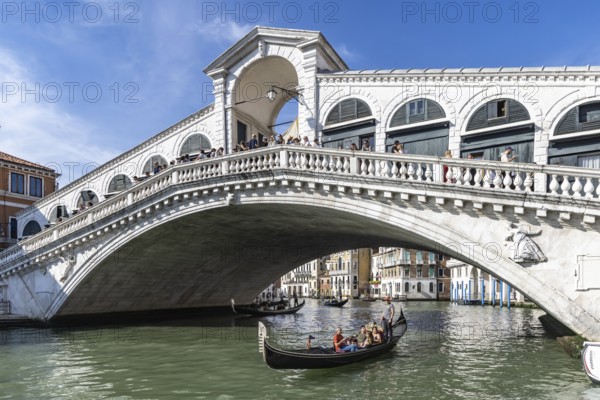Venetian gondola with gondolier travelling on the Grand Canal, Rialto Bridge, Venice, Venice, Italy, Europe
