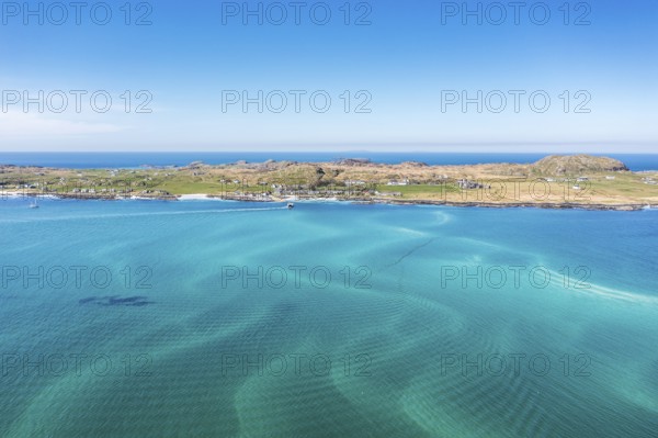 Aerial view, strait between Fionnphort and Iona island, ferry to Iona Abbey, Scotland, UK