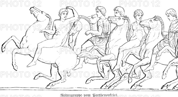 Equestrian group ofParthenon frieze, temple complex, Greeks in antiquity, historical illustration ca. 1890