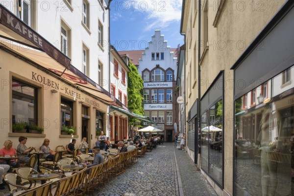 The Martinsgässle with catering and market hall in the historic old town of Freiburg im Breisgau, Baden-Württemberg, Germany, Europe