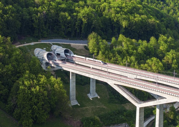 Filstal bridge on the Wendlingen (Stuttgart) -Ulm high-speed railway line with ICE. According to the railway, the bridge is the third highest railway bridge in Germany, aerial view. Mühlhausen im Täle, Baden-Württemberg, Germany, Europe