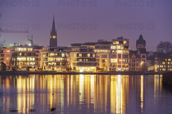 Lake Phoenix at dusk in Dortmund, North Rhine-Westphalia, Germany, Europe