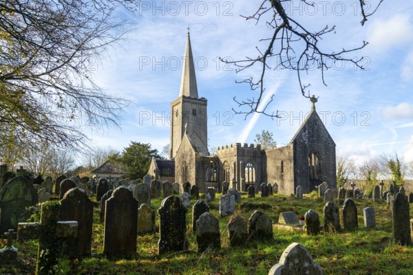 Ruins of Holy Trinity church, Buckfastleigh, north Devon, England, UK destroyed by fire in 1992