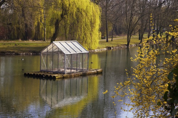 The River Lippe at Laumannshügel with the artwork Arche by Christoph Hildebrand, Lippstadt, North Rhine-Westphalia, Germany, Europe