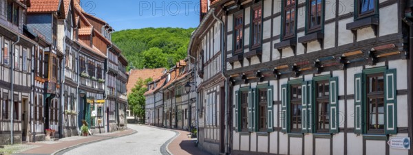 Street with half-timbered houses and cobblestones winds through the old town, Stolberg im Harz, Saxony-Anhalt, Germany, Europe