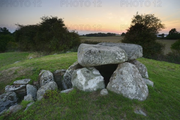 The Sprove dolmen at sunset, Sprove, Møn Island, Denmark, Europe