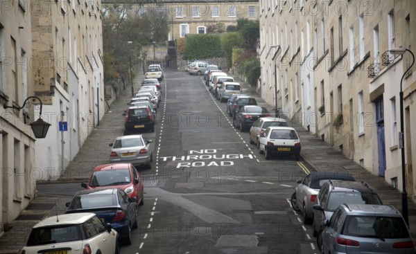 No Through Road road sign on steep Thomas Street, Walcot, Bath, England, United Kingdom, Europe
