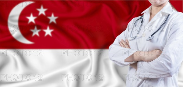 Doctor with crossed arms on Singapore flag. Singapore Health and Care concept. Female doctor on Singapore flag