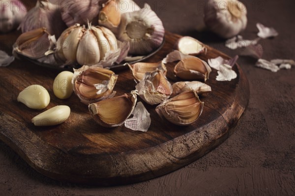 Fresh garlic, on a dark background, top view, food concept