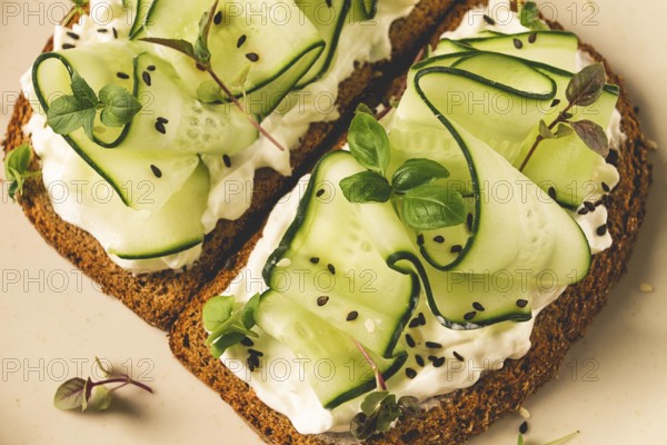Breakfast, cereal bread sandwiches, cream cheese, sliced cucumber, with micro greenery on a light table, close-up, top view, selective focus, no people