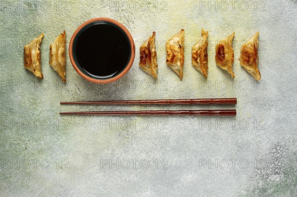 Japanese fried dumplings, gyoza, sesame seeds, top view, no people