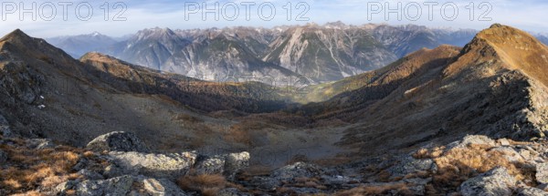 Panorama, view from the ridge of the Venet to the mountain panorama of the Parzinn group of the Lechtal Alps, yellow larches in autumn, Venet crossing, Ötztal Alps, Tyrol, Austria, Europe