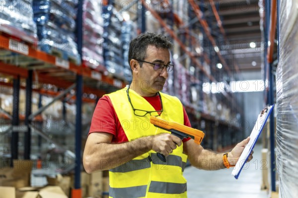 Mature caucasian man taking inventory using barcode reader and clipboard in a storage warehouse full of boxes
