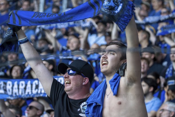 11.05.2024, Football 3rd division, Season 2023/24, Matchday 37: Waldhof Mannheim vs SV Sandhausen (4:2) . The fans celebrate relegation. The last home game was attended by 18, 379 spectators