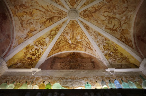 Interior view, ceiling of the monastery pharmacy of the Charterhouse, Iglesia de la Cartuja, Real Cartuja (Royal Carthusian Monastery), Valldemossa, Tramuntana Mountains, Serra de Tramuntana, Majorca, Balearic Islands, Balearic Islands, Spain, Europe