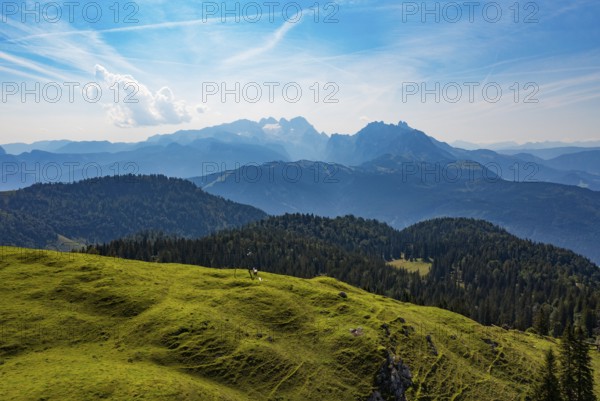 Drone shot, At the summit of the Taborberg with a view of the Dachstein massif, Osterhorn group, Salzkammergut, Salzburg province, Austria, Europe
