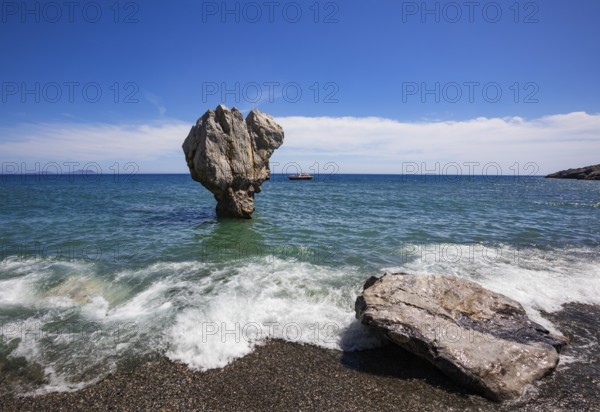 Rock formation on the sandy beach of Preveli Beach, south coast, Crete, Greece, Europe