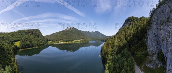 Drone image, Schwarzensee in the Schafberg massif near Sankt Wolfgang, Osterhorn group, Salzkammergut, Salzburg province, Austria, Europe