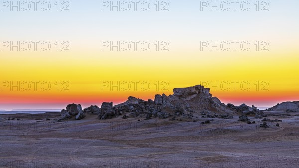 Striking rock formation in the Huqf stone desert at sunrise, Arabian Peninsula, Sultanate of Oman