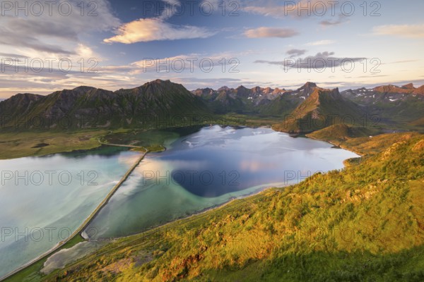 Fjord and mountains of the island Austvågøya, Grunnførfjorden, Lofoten, Norway, Europe