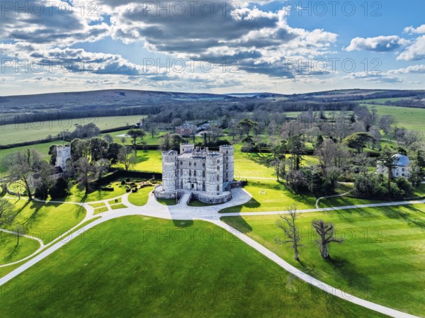 Lulworth Castle from a drone, Lulworth Estate, Camp Bestival, East Lulworth, Dorset, England, United Kingdom, Europe