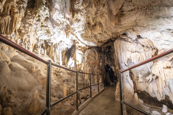 Tourists walking on a footpath and exploring the magnificent postojna cave in slovenia, a popular tourist attraction