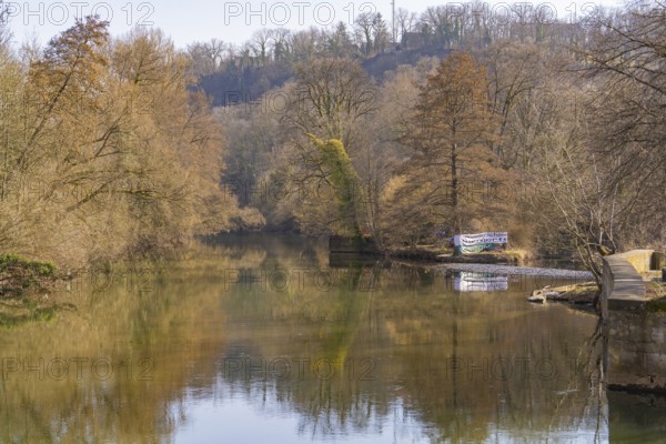 Winter river landscape with bare trees and calm water reflection, Schwäbisch Hall, Germany, Europe