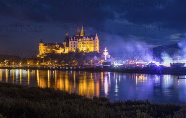 Albrechtsburg Castle and hustle and bustle on the Elbe during the wine festival, night shot, Meissen, Saxony, Germany, Europe