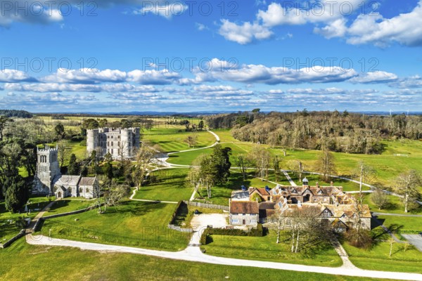 Lulworth Castle from a drone, Lulworth Estate, Camp Bestival, East Lulworth, Dorset, England, United Kingdom, Europe