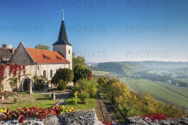 Zscheiplitz monastery church in autumn, view of the Unstrut valley, Freyburg (Unstrut), Saxony-Anhalt, Germany, Europe