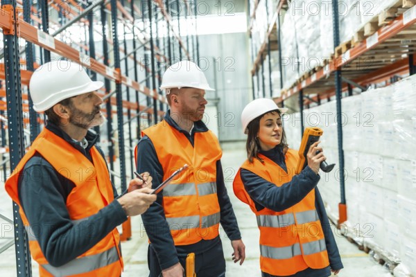 Warehouse workers utilizing barcode scanners and diligently taking notes during logistics operations for efficient inventory management
