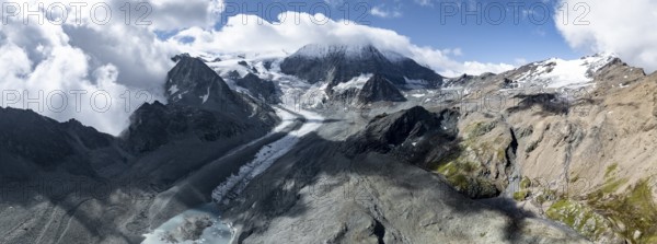 Aerial view, Alpine panorama, mountain landscape with glacier tongue Glacier de Cheilon and summit Mont Blanc de Cheilon, Valais, Western Alps, Switzerland, Europe
